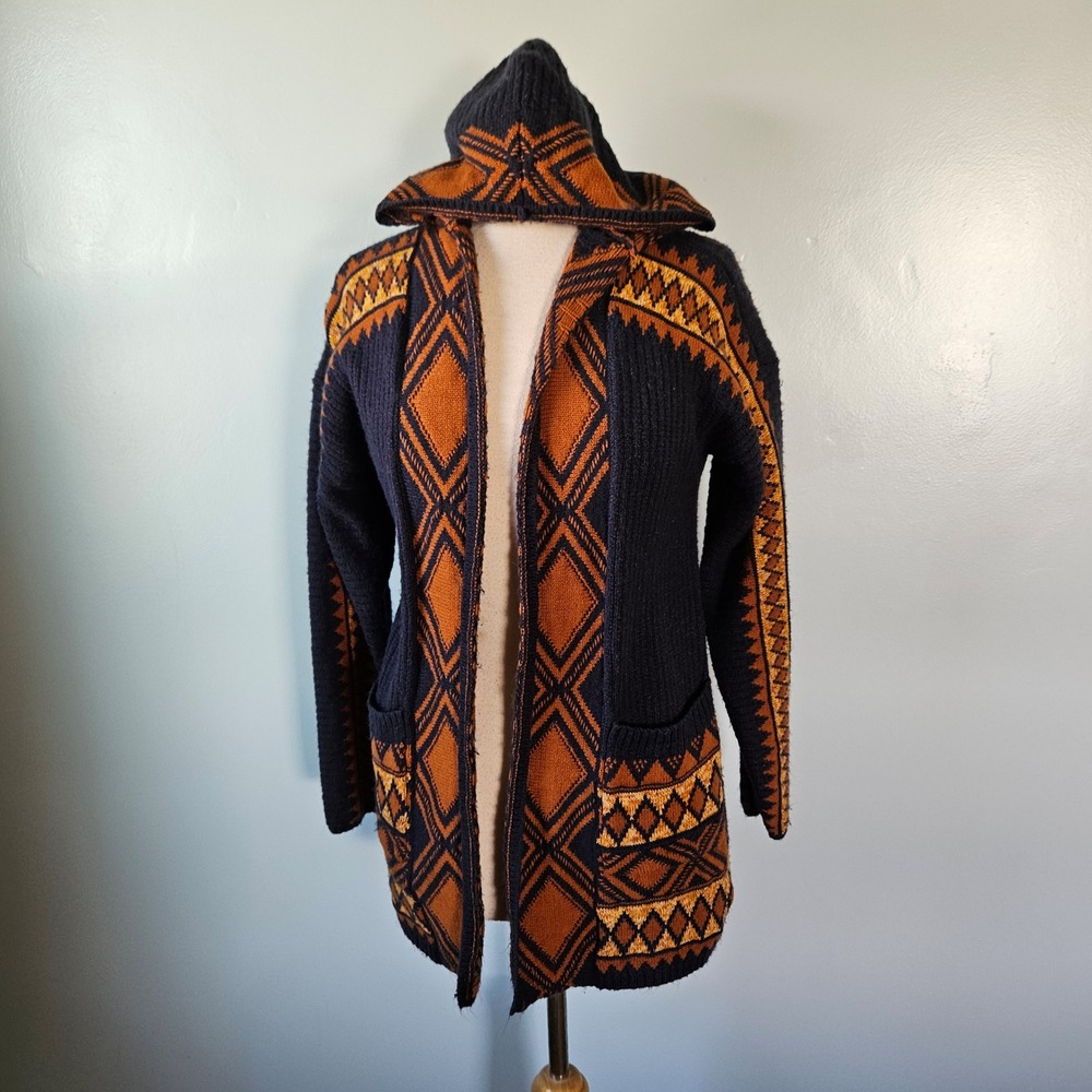 Lucky Brand Navy Orange Geometric Hooded Cardigan Sweater Knit Southwest Small